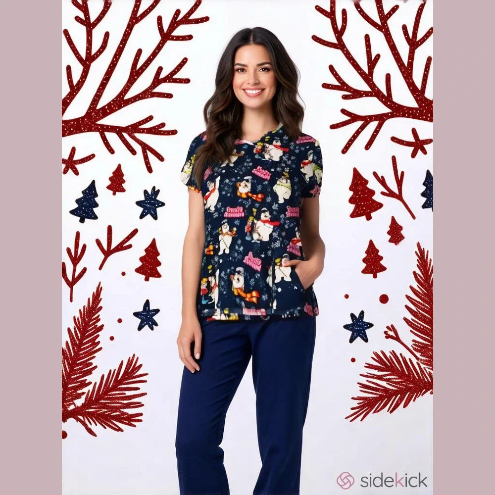 Warner Bros Frosty The Snowman Scrub Top Blue Snowman Snowflake Women Size L